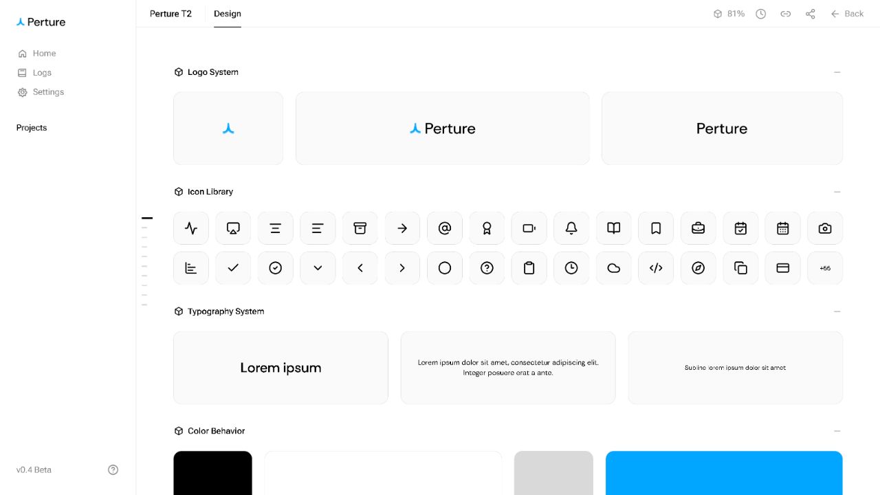 Real Perture T2 Brand Page showing official logos, icons, typography and colors
