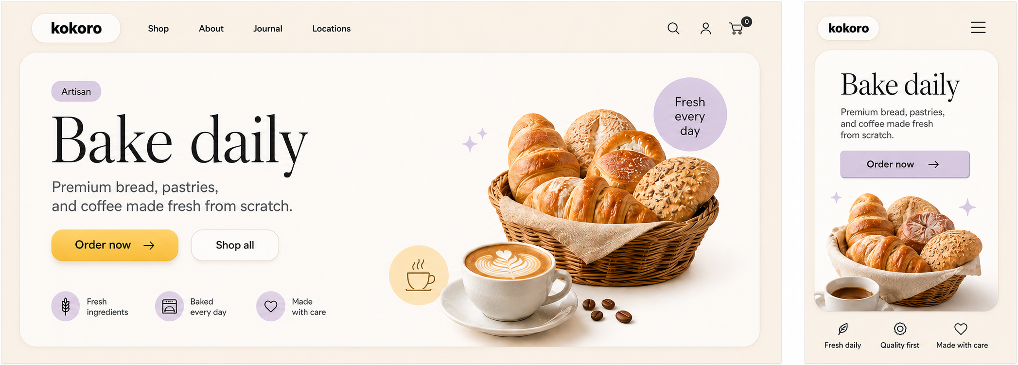 Kokoro hero with an inconsistent generic bakery visual system.