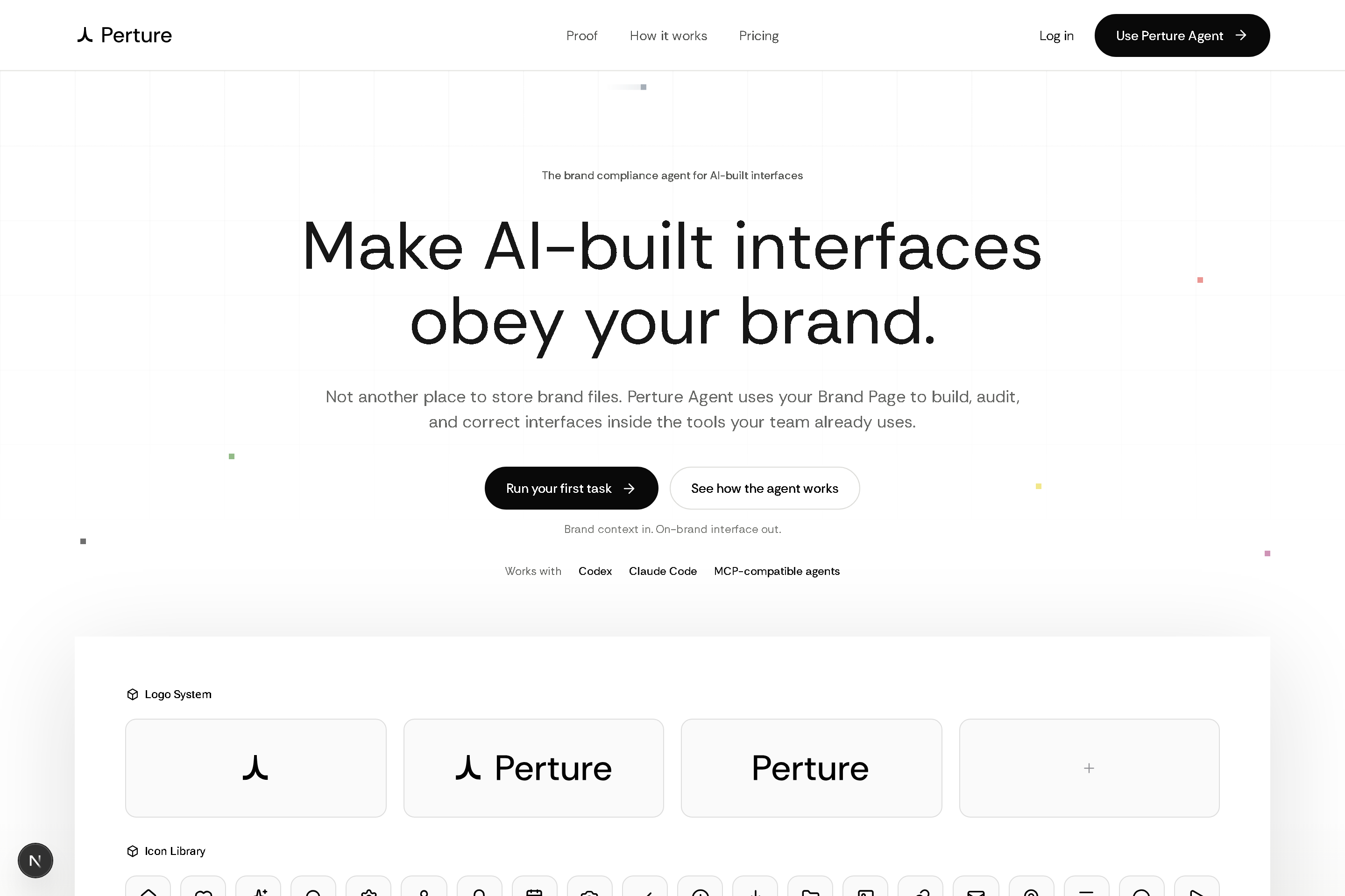 Current Perture landing page built with the approved Perture interface system.